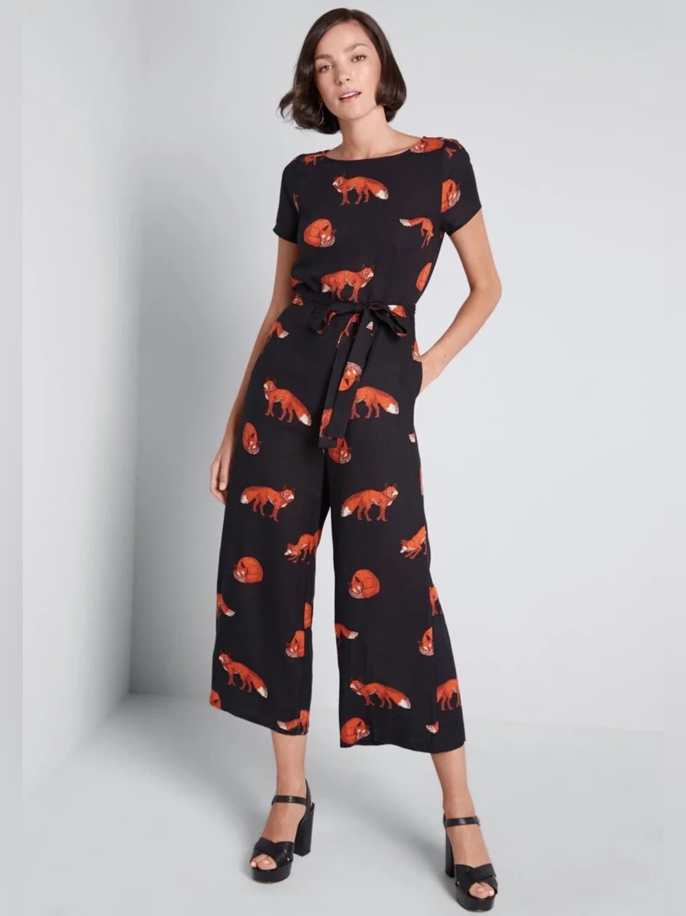 ModCloth Black Jumpsuit with Orange Fox Print